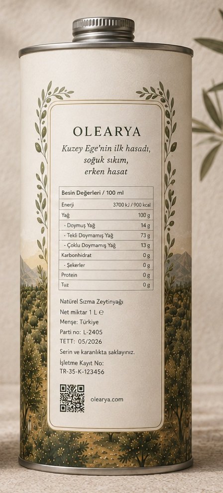 Olearya tenekesinin arka yüzü: krem panel, zeytin dalı bordür