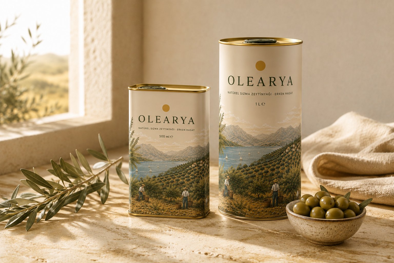 Olearya 500 ml ve 1 L tenekeleri, taş zemin üzerinde, zeytin dalı ve bir kase yeşil zeytinle